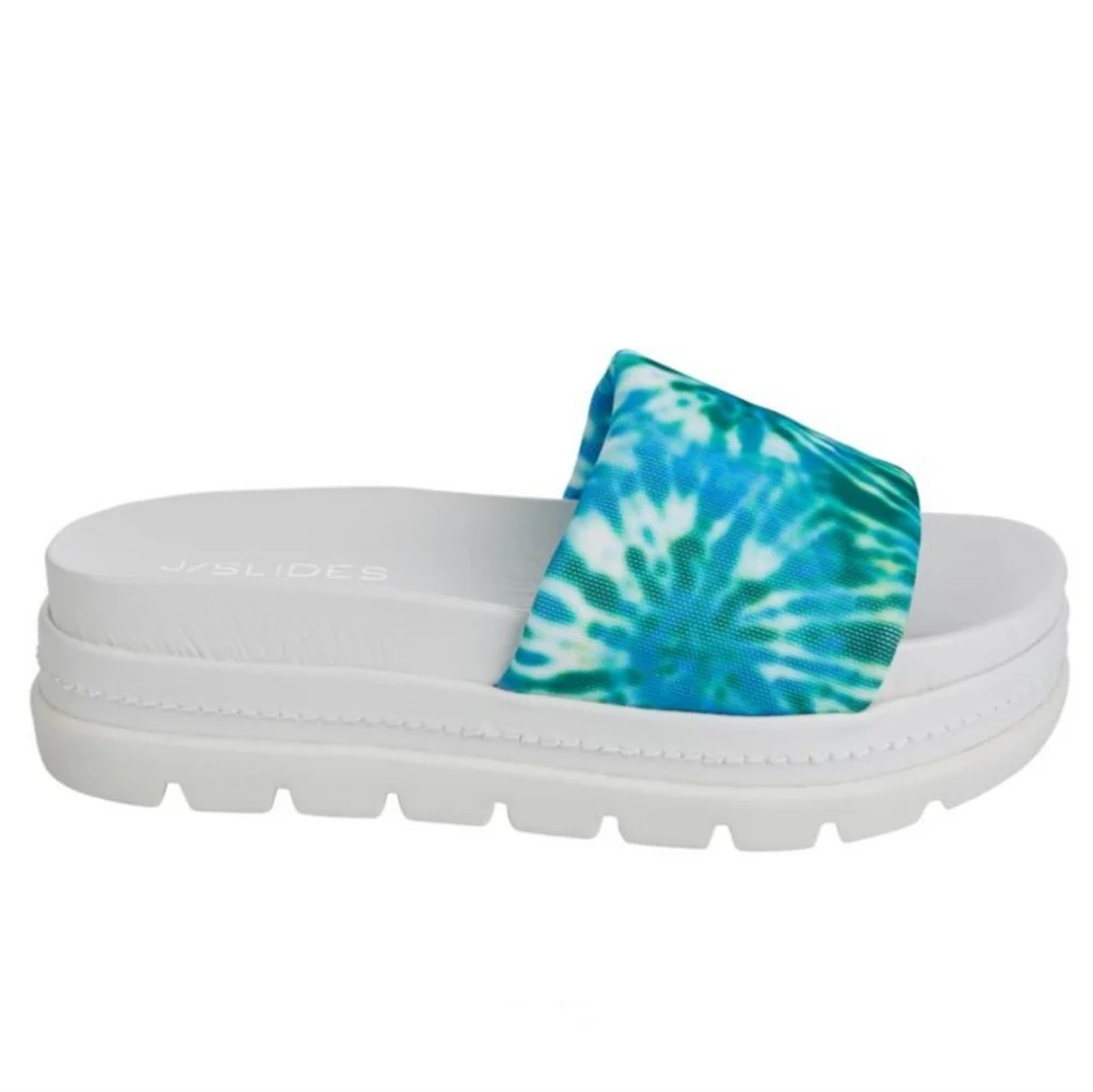 J/SLIDES NYC Brit Slide Sandal Slip On Platforms Blue Green Tie Dye
